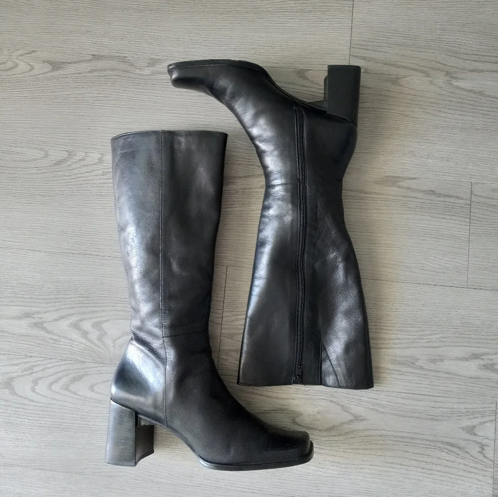 90's Nine West Vintage Y2K Square Toe High Black Leather Boots - Picture 7 of 16